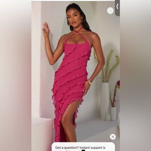 Oh Polly Long Hot Pink dress with ruffles and slit size 12